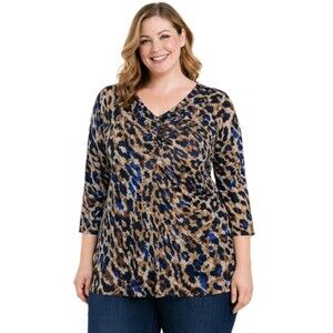 LIZ CLAIBORNE Womens L Animal Print V Neck 3/4 Sleeve Ruching Stretch Black Top